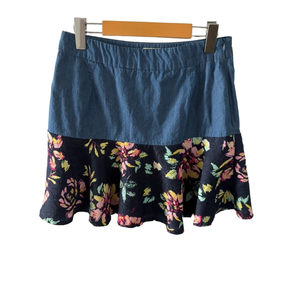 MONTE CERVINO Floral Denim Mini Skirt M Side Zipper Festival Cottagecore